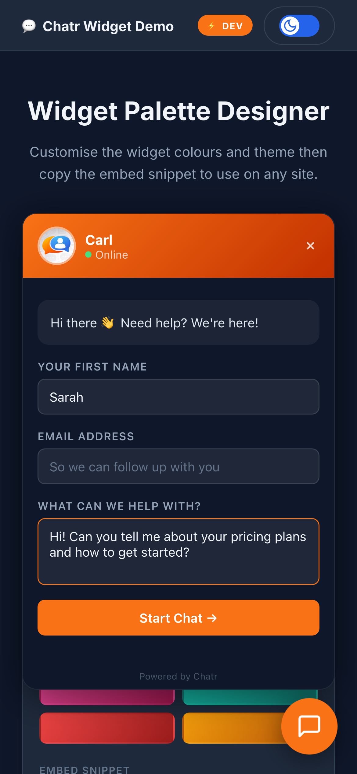 Visitor fills in name and question