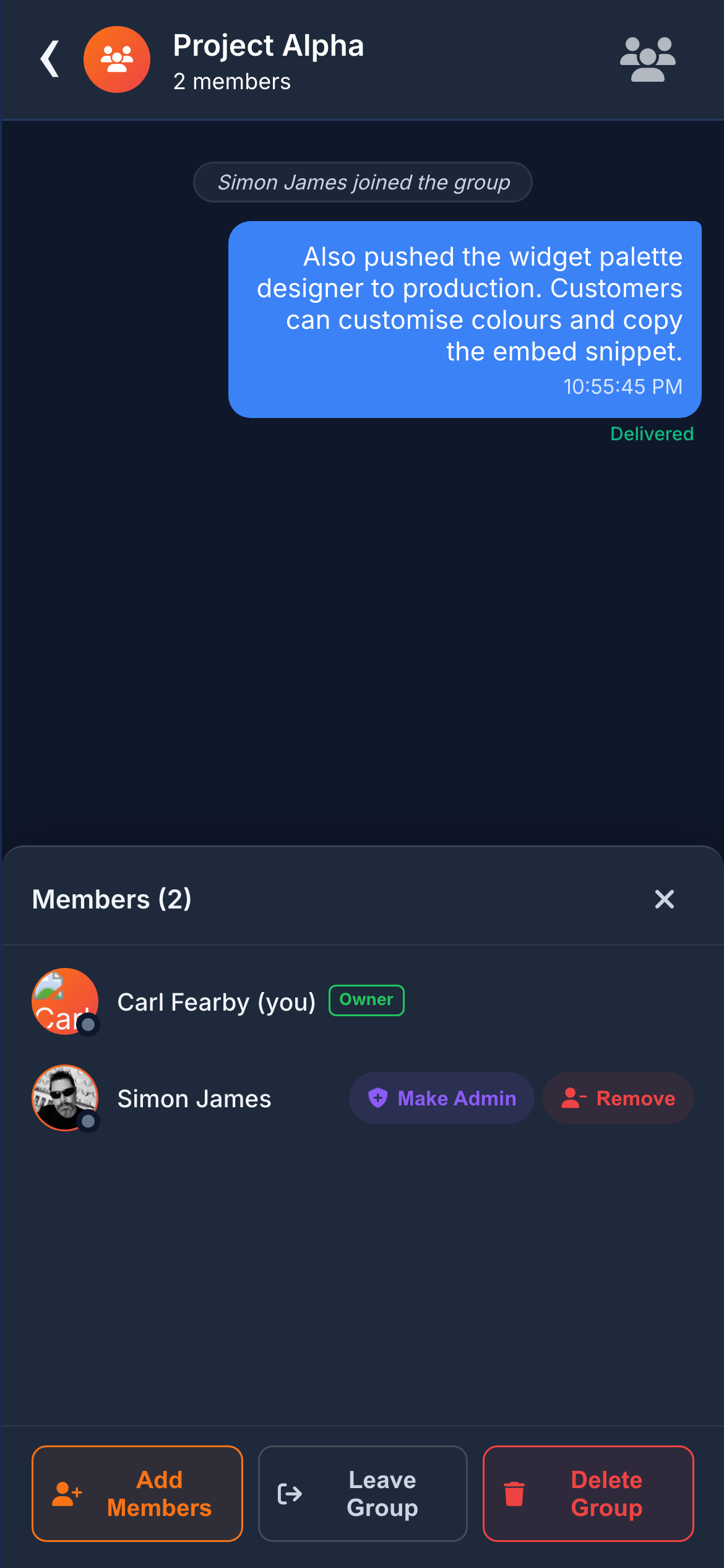 Member list with role badges
