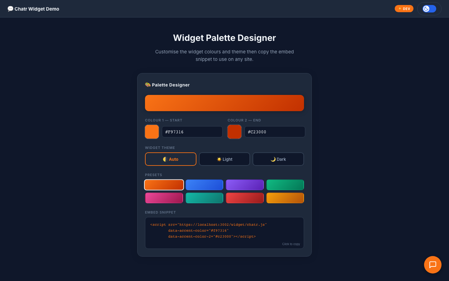 Widget Palette Designer — colours, themes, and embed code